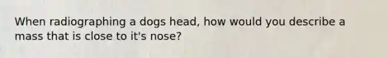 When radiographing a dogs head, how would you describe a mass that is close to it's nose?