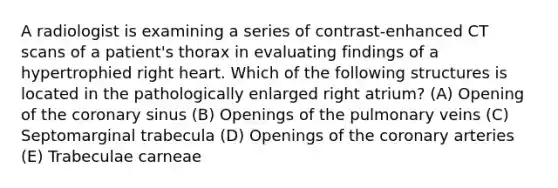 A radiologist is examining a series of contrast-enhanced CT scans of a patient's thorax in evaluating findings of a hypertrophied right heart. Which of the following structures is located in the pathologically enlarged right atrium? (A) Opening of the coronary sinus (B) Openings of the pulmonary veins (C) Septomarginal trabecula (D) Openings of the coronary arteries (E) Trabeculae carneae