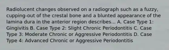 Radiolucent changes observed on a radiograph such as a fuzzy, cupping-out of the crestal bone and a blunted appearance of the lamina dura in the anterior region describes... A. Case Type 1: Gingivitis B. Case Type 2: Slight Chronic Periodontitis C. Case Type 3: Moderate Chronic or Aggressive Periodontitis D. Case Type 4: Advanced Chronic or Aggressive Periodontitis