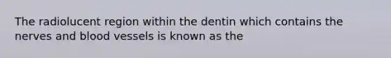 The radiolucent region within the dentin which contains the nerves and blood vessels is known as the