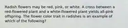 Radish flowers may be red, pink, or white. A cross between a red-flowered plant and a white-flowered plant yields all-pink offspring. The flower color trait in radishes is an example of which of the following?