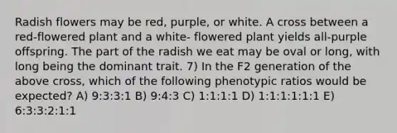 Radish flowers may be red, purple, or white. A cross between a red-flowered plant and a white- flowered plant yields all-purple offspring. The part of the radish we eat may be oval or long, with long being the dominant trait. 7) In the F2 generation of the above cross, which of the following phenotypic ratios would be expected? A) 9:3:3:1 B) 9:4:3 C) 1:1:1:1 D) 1:1:1:1:1:1 E) 6:3:3:2:1:1