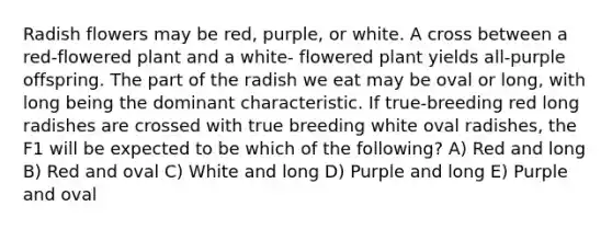 Radish flowers may be red, purple, or white. A cross between a red-flowered plant and a white- flowered plant yields all-purple offspring. The part of the radish we eat may be oval or long, with long being the dominant characteristic. If true-breeding red long radishes are crossed with true breeding white oval radishes, the F1 will be expected to be which of the following? A) Red and long B) Red and oval C) White and long D) Purple and long E) Purple and oval