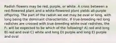 Radish flowers may be red, purple, or white. A cross between a red-flowered plant and a white-flowered plant yields all-purple offspring. The part of the radish we eat may be oval or long, with long being the dominant characteristic. If true-breeding red long radishes are crossed with true-breeding white oval radishes, the F₁ will be expected to be which of the following? A) red and long B) red and oval C) white and long D) purple and long E) purple and oval