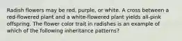 Radish flowers may be red, purple, or white. A cross between a red-flowered plant and a white-flowered plant yields all-pink offspring. The flower color trait in radishes is an example of which of the following inheritance patterns?