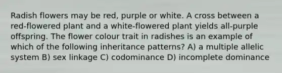 Radish flowers may be red, purple or white. A cross between a red-flowered plant and a white-flowered plant yields all-purple offspring. The flower colour trait in radishes is an example of which of the following inheritance patterns? A) a multiple allelic system B) sex linkage C) codominance D) incomplete dominance