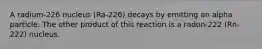 A radium-226 nucleus (Ra-226) decays by emitting an alpha particle. The other product of this reaction is a radon-222 (Rn-222) nucleus.