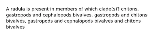 A radula is present in members of which clade(s)? chitons, gastropods and cephalopods bivalves, gastropods and chitons bivalves, gastropods and cephalopods bivalves and chitons bivalves