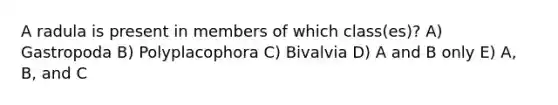 A radula is present in members of which class(es)? A) Gastropoda B) Polyplacophora C) Bivalvia D) A and B only E) A, B, and C