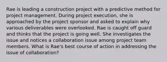 Rae is leading a construction project with a predictive method for project management. During project execution, she is approached by the project sponsor and asked to explain why various deliverables were overlooked. Rae is caught off guard and thinks that the project is going well. She investigates the issue and notices a collaboration issue among project team members. What is Rae's best course of action in addressing the issue of collaboration?