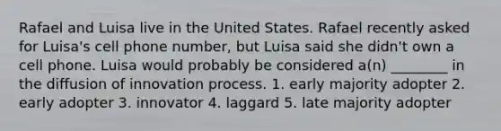 Rafael and Luisa live in the United States. Rafael recently asked for Luisa's cell phone number, but Luisa said she didn't own a cell phone. Luisa would probably be considered a(n) ________ in the diffusion of innovation process. 1. early majority adopter 2. early adopter 3. innovator 4. laggard 5. late majority adopter