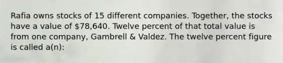 Rafia owns stocks of 15 different companies. Together, the stocks have a value of 78,640. Twelve percent of that total value is from one company, Gambrell & Valdez. The twelve percent figure is called a(n):