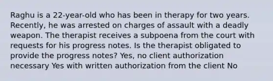 Raghu is a 22-year-old who has been in therapy for two years. Recently, he was arrested on charges of assault with a deadly weapon. The therapist receives a subpoena from the court with requests for his progress notes. Is the therapist obligated to provide the progress notes? Yes, no client authorization necessary Yes with written authorization from the client No