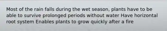 Most of the rain falls during the wet season, plants have to be able to survive prolonged periods without water Have horizontal root system Enables plants to grow quickly after a fire