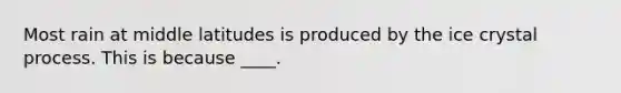 Most rain at middle latitudes is produced by the ice crystal process. This is because ____.