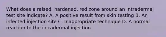 What does a raised, hardened, red zone around an intradermal test site indicate? A. A positive result from skin testing B. An infected injection site C. Inappropriate technique D. A normal reaction to the intradermal injection