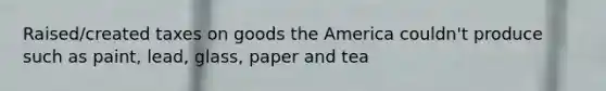 Raised/created taxes on goods the America couldn't produce such as paint, lead, glass, paper and tea