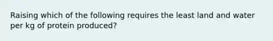 Raising which of the following requires the least land and water per kg of protein produced?