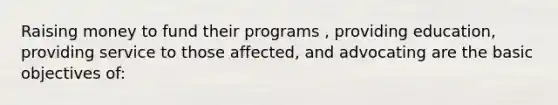 Raising money to fund their programs , providing education, providing service to those affected, and advocating are the basic objectives of: