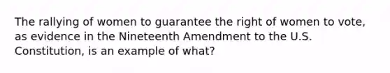 The rallying of women to guarantee the right of women to vote, as evidence in the Nineteenth Amendment to the U.S. Constitution, is an example of what?