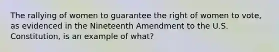 The rallying of women to guarantee the right of women to vote, as evidenced in the Nineteenth Amendment to the U.S. Constitution, is an example of what?