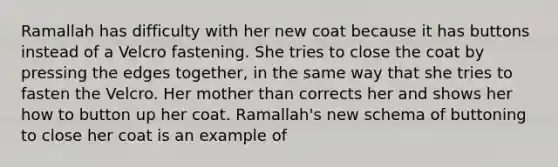 Ramallah has difficulty with her new coat because it has buttons instead of a Velcro fastening. She tries to close the coat by pressing the edges together, in the same way that she tries to fasten the Velcro. Her mother than corrects her and shows her how to button up her coat. Ramallah's new schema of buttoning to close her coat is an example of