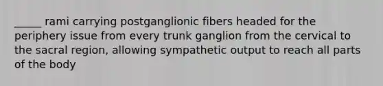 _____ rami carrying postganglionic fibers headed for the periphery issue from every trunk ganglion from the cervical to the sacral region, allowing sympathetic output to reach all parts of the body