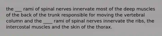 the ___ rami of spinal nerves innervate most of the deep muscles of the back of the trunk responsible for moving the vertebral column and the ____ rami of spinal nerves innervate the ribs, the intercostal muscles and the skin of the thorax.