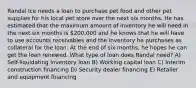 Randal Ice needs a loan to purchase pet food and other pet supplies for his local pet store over the next six months. He has estimated that the maximum amount of inventory he will need in the next six months is 200,000 and he knows that he will have to use accounts receivables and the inventory he purchases as collateral for the loan. At the end of six months, he hopes he can get the loan renewed. What type of loan does Randal need? A) Self-liquidating inventory loan B) Working capital loan C) Interim construction financing D) Security dealer financing E) Retailer and equipment financing