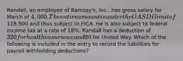 Randall, an employee of Ramsay's, Inc., has gross salary for March of 4,000. The entire amount is under the OASDI limit of118,500 and thus subject to FICA. He is also subject to federal income tax at a rate of 18%. Randall has a deduction of 320 for health insurance and80 for United Way. Which of the following is included in the entry to record the liabilities for payroll withholding deductions?