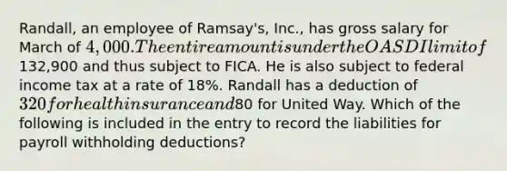 Randall, an employee of Ramsay's, Inc., has gross salary for March of 4,000. The entire amount is under the OASDI limit of132,900 and thus subject to FICA. He is also subject to federal income tax at a rate of 18%. Randall has a deduction of 320 for health insurance and80 for United Way. Which of the following is included in the entry to record the liabilities for payroll withholding deductions?