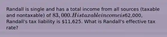 Randall is single and has a total income from all sources (taxable and nontaxable) of 83,000. His taxable income is62,000, Randall's tax liability is 11,625. What is Randall's effective tax rate?