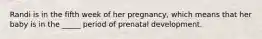 Randi is in the fifth week of her pregnancy, which means that her baby is in the _____ period of prenatal development.