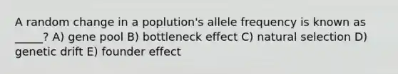 A random change in a poplution's allele frequency is known as _____? A) gene pool B) bottleneck effect C) natural selection D) genetic drift E) founder effect