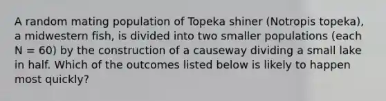 A random mating population of Topeka shiner (Notropis topeka), a midwestern fish, is divided into two smaller populations (each N = 60) by the construction of a causeway dividing a small lake in half. Which of the outcomes listed below is likely to happen most quickly?