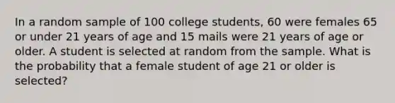 In a random sample of 100 college students, 60 were females 65 or under 21 years of age and 15 mails were 21 years of age or older. A student is selected at random from the sample. What is the probability that a female student of age 21 or older is selected?