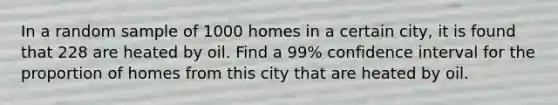 In a random sample of 1000 homes in a certain city, it is found that 228 are heated by oil. Find a 99% confidence interval for the proportion of homes from this city that are heated by oil.