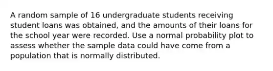 A random sample of 16 undergraduate students receiving student loans was​ obtained, and the amounts of their loans for the school year were recorded. Use a normal probability plot to assess whether the sample data could have come from a population that is normally distributed.