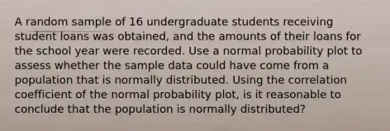 A random sample of 16 undergraduate students receiving student loans was​ obtained, and the amounts of their loans for the school year were recorded. Use a normal probability plot to assess whether the sample data could have come from a population that is normally distributed. Using the correlation coefficient of the normal probability​ plot, is it reasonable to conclude that the population is normally​ distributed?