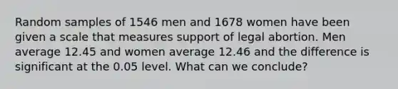 Random samples of 1546 men and 1678 women have been given a scale that measures support of legal abortion. Men average 12.45 and women average 12.46 and the difference is significant at the 0.05 level. What can we conclude?