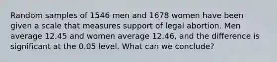 Random samples of 1546 men and 1678 women have been given a scale that measures support of legal abortion. Men average 12.45 and women average 12.46, and the difference is significant at the 0.05 level. What can we conclude?