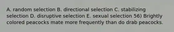 A. random selection B. directional selection C. stabilizing selection D. disruptive selection E. sexual selection 56) Brightly colored peacocks mate more frequently than do drab peacocks.