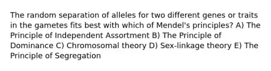 The random separation of alleles for two different genes or traits in the gametes fits best with which of Mendel's principles? A) The Principle of Independent Assortment B) The Principle of Dominance C) Chromosomal theory D) Sex-linkage theory E) The Principle of Segregation