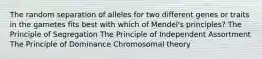 The random separation of alleles for two different genes or traits in the gametes fits best with which of Mendel's principles? The Principle of Segregation The Principle of Independent Assortment The Principle of Dominance Chromosomal theory