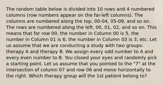 The random table below is divided into 10 rows and 4 numbered columns (row numbers appear on the far-left columns). The columns are numbered along the top, 00-04, 05-09, and so on. The rows are numbered along the left, 00, 01, 02, and so on. This means that for row 00, the number in Column 00 is 5, the number in Column 01 is 6, the number in Column 03 is 3, etc. Let us assume that we are conducting a study with two groups: therapy A and therapy B. We assign every odd number to A and every even number to B. You closed your eyes and randomly pick a starting point. Let us assume that you pointed to the "7" at the intersection of column 07 and row 06 and move horizontally to the right. Which therapy group will the 1st patient belong to?