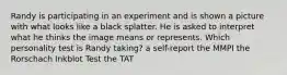 Randy is participating in an experiment and is shown a picture with what looks like a black splatter. He is asked to interpret what he thinks the image means or represents. Which personality test is Randy taking? a self-report the MMPI the Rorschach Inkblot Test the TAT