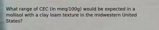 What range of CEC (in meq/100g) would be expected in a mollisol with a clay loam texture in the midwestern United States?