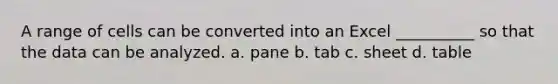 A range of cells can be converted into an Excel __________ so that the data can be analyzed. a. pane b. tab c. sheet d. table