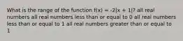 What is the range of the function f(x) = -2|x + 1|? all real numbers all real numbers less than or equal to 0 all real numbers less than or equal to 1 all real numbers greater than or equal to 1