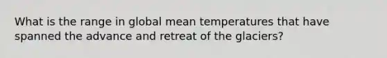 What is the range in global mean temperatures that have spanned the advance and retreat of the glaciers?